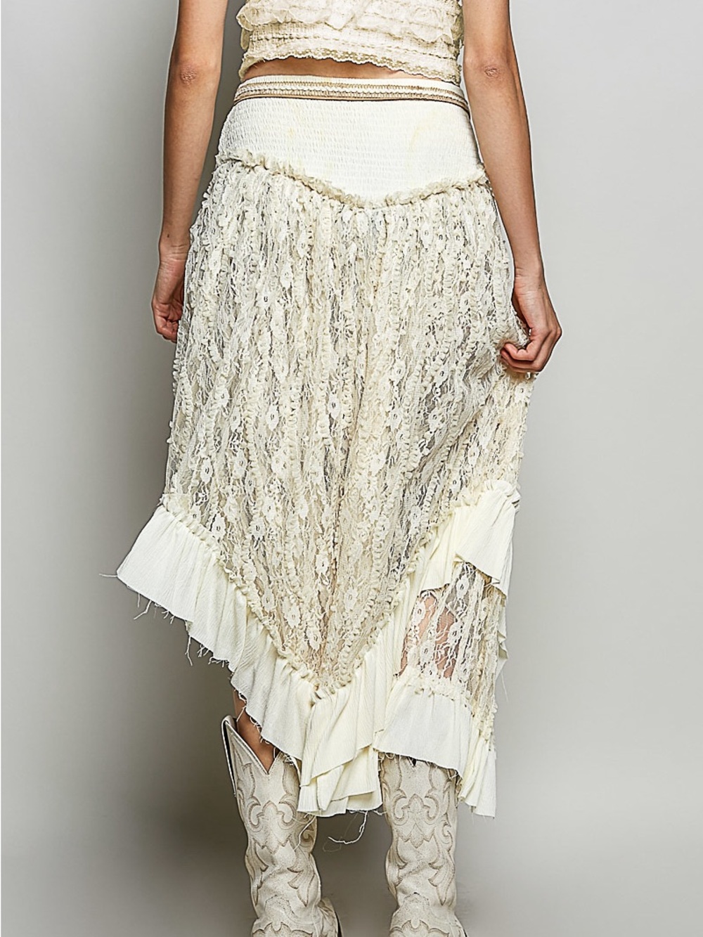 Ivory Asymmetrical Lace Maxi Skirt with Ruffled Hem - Picture 4 of 6